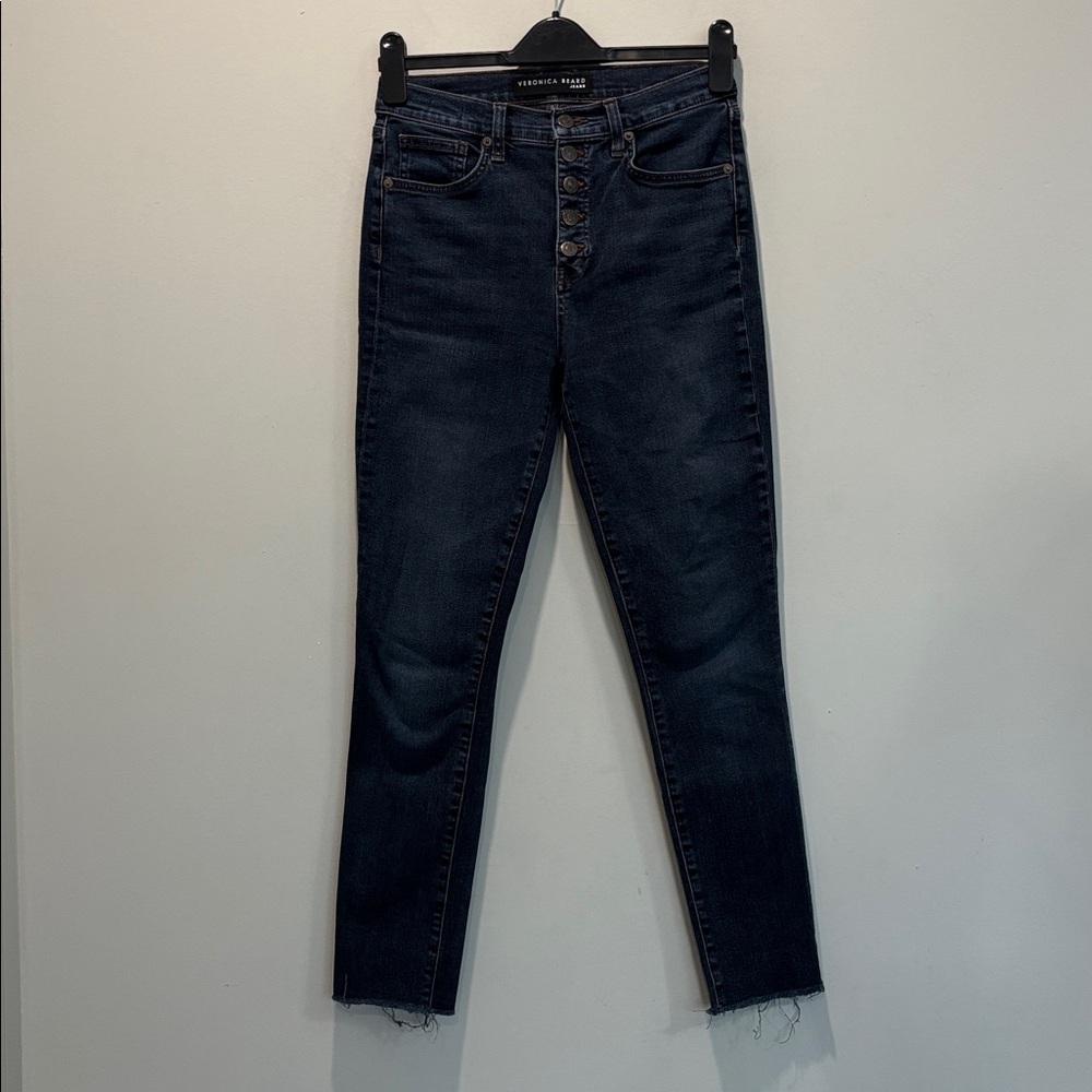 Veronica Beard Debbie High-Rise Skinny Jeans Button Fly Dark Wash Raw Hem 27 - Picture 12 of 15